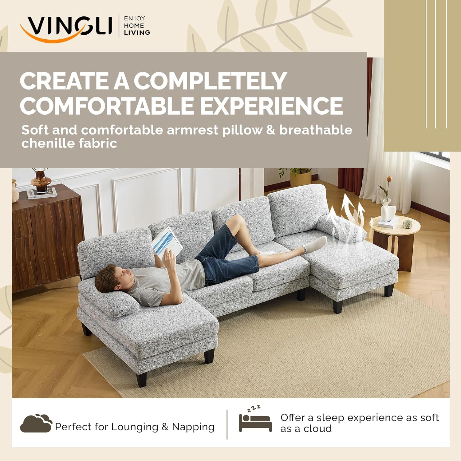 VINGLI 110' U-Shaped Sectional Couch with Two Chaise, Affordable Small Sofa with 4 Seats, Chenille Fabric Comfy Couches for Living Room, Light Grey