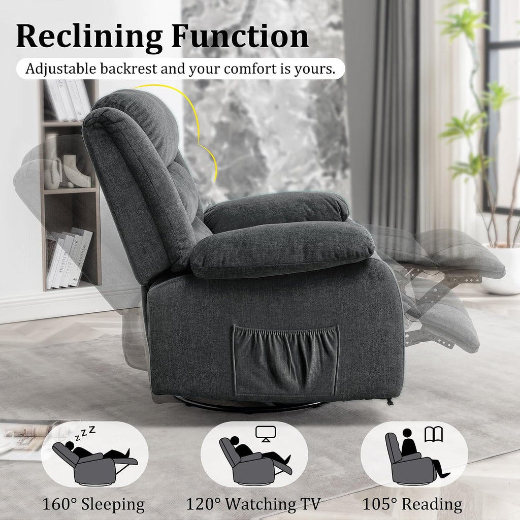 Korser Recliner Chair for Adults, Oversized 360° Swivel Rocker Recliner with Massage and Heat, Wide Nursery Glider Rocking Chair with Side Pockets, Cashmere Reclining Sofa for Living Room (Grey)