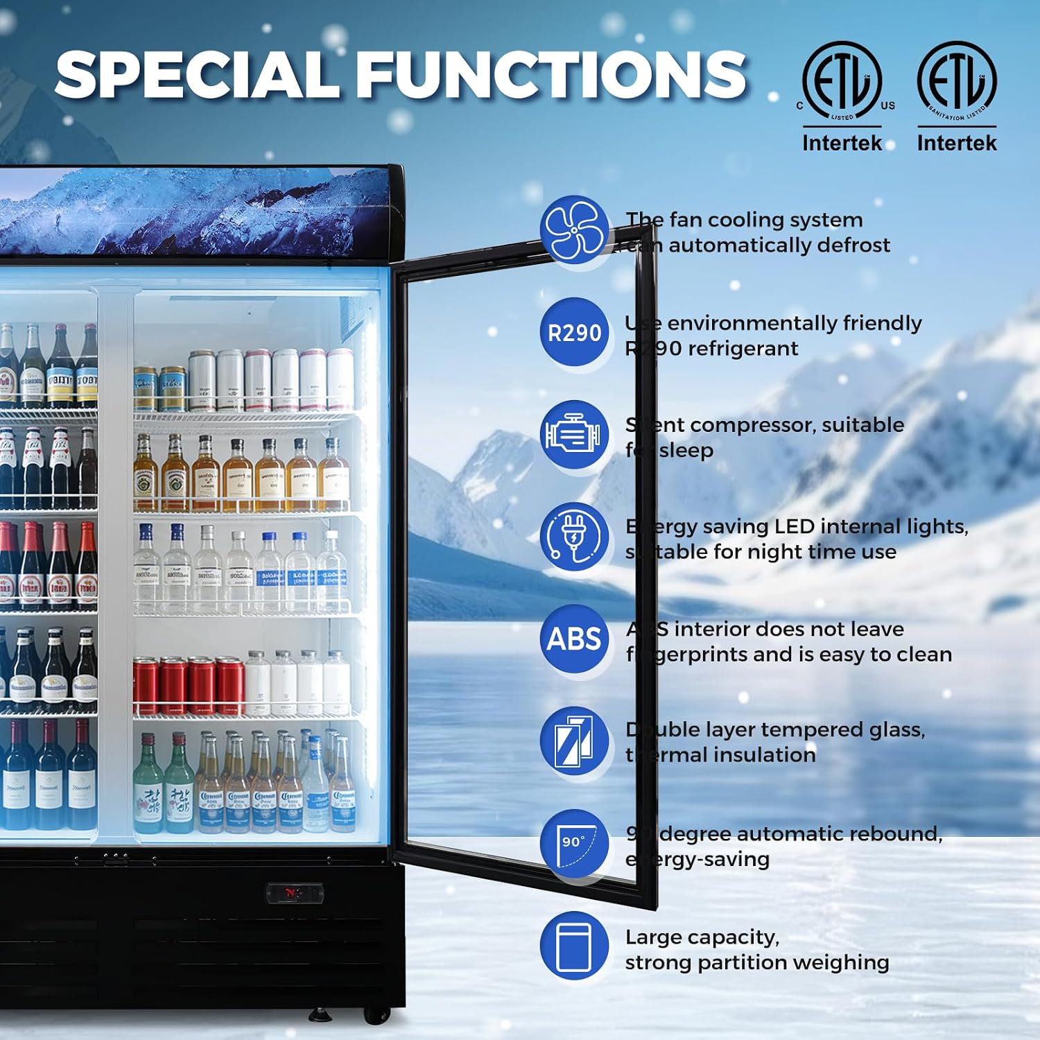 36 Cu Ft Commercial Beverage Refrigerator with 2 Glass Doors - Drink Cooler Merchandiser with LED Light Display, 8 Adjustable Shelves, ETL Approved for Business & Retail, Black