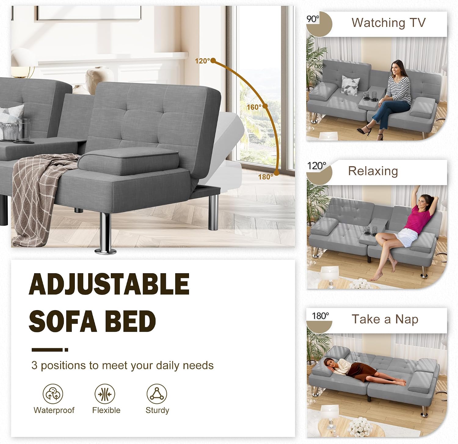 Shahoo Modern Linen Upholstered Convertible Folding Futon Sofa Bed with Removable Armrests, Metal Legs, 2 Cup Holders for Living Room, Dark Grey