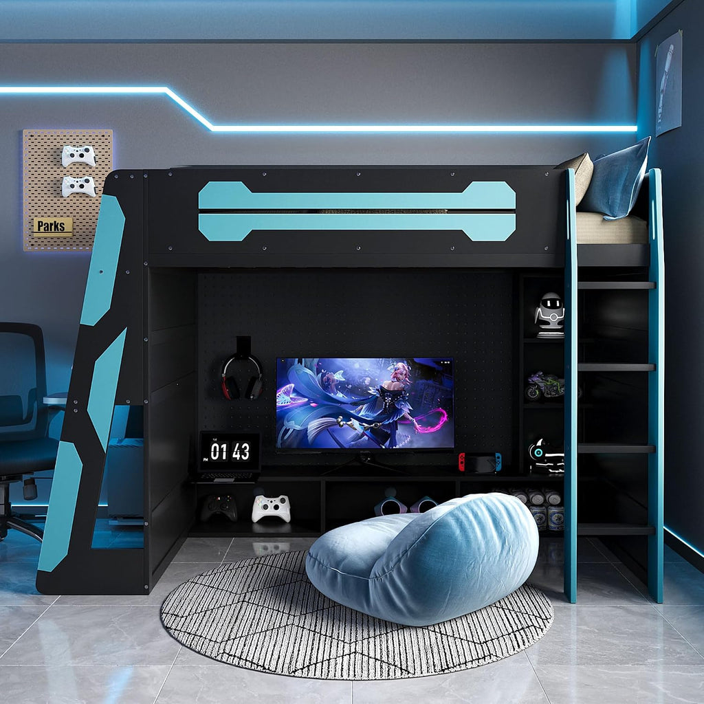 LUMISOL Twin Size Gaming Loft Bed with Desk, RGB LED Lights & Charging Stations, Wood Loft Bed Frame with Storage Bookshelves for Kids, Teens & Adults, Blue + Black