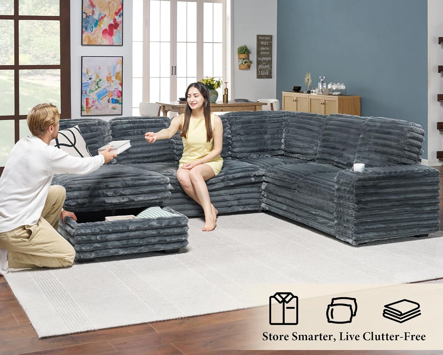 AMERLIFE 112 Inch U Shaped Couch, Oversized Sofa with Storage Chaise & Cup Holders, Sectional Sofa with USB & Type-C Charging Ports, Faux Fur Dark Grey Sofa