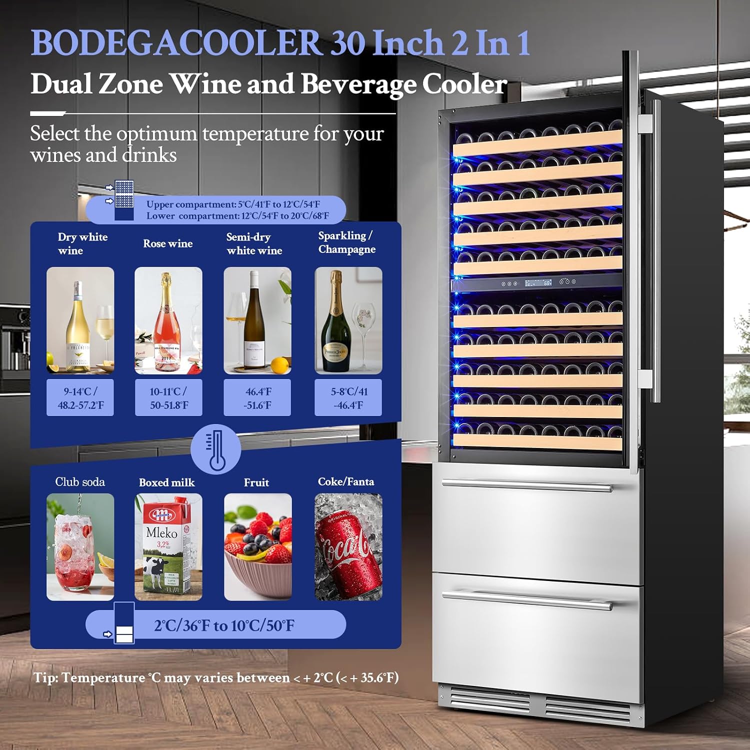 BODEGACOOLER Wine and Beverage Refrigerator, 30 Inch 2 IN 1 Dual Zone Wine Cooler,Built-in or Freestanding Beverage Cooler, Soft LED Light Hold 150 Bottles and 234 Cans