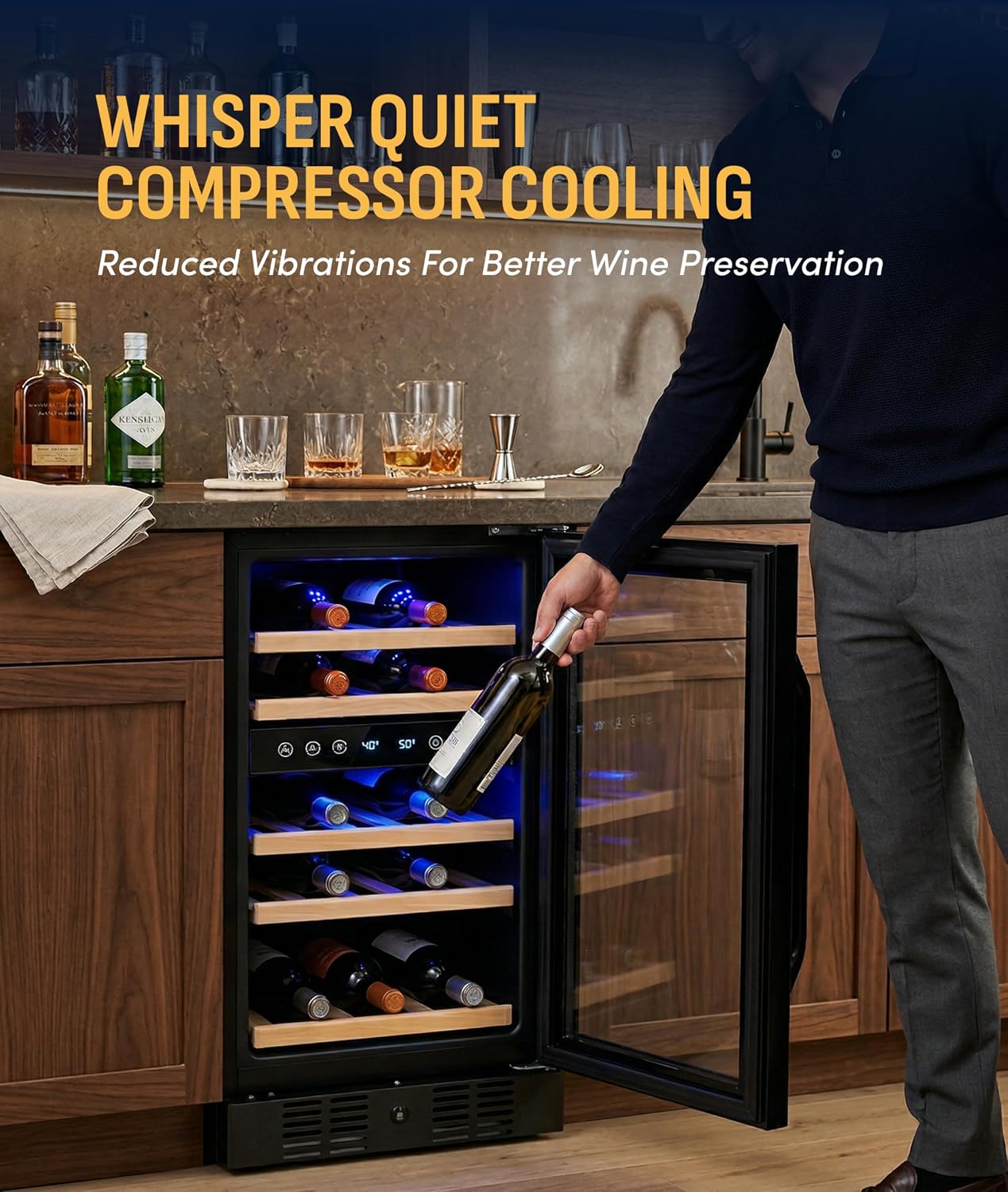 NewAir 15' Dual Zone Wine Fridge for 29 Bottles | Built-In or Freestanding Wine Cooler Refrigerator with Glass Door | Precision Cooling & Wood Shelves for Red and White Wines | Black Stainless Steel