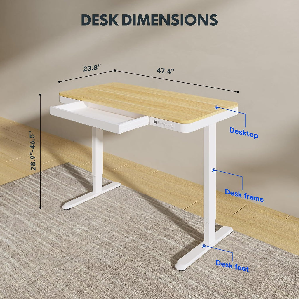 FLEXISPOT Comhar Electric Standing Desk with Drawers Charging USB Port, Height Adjustable 48' Whole-Piece Quick Install Home Office Computer Laptop Table with Storage (Maple Top + White Frame)