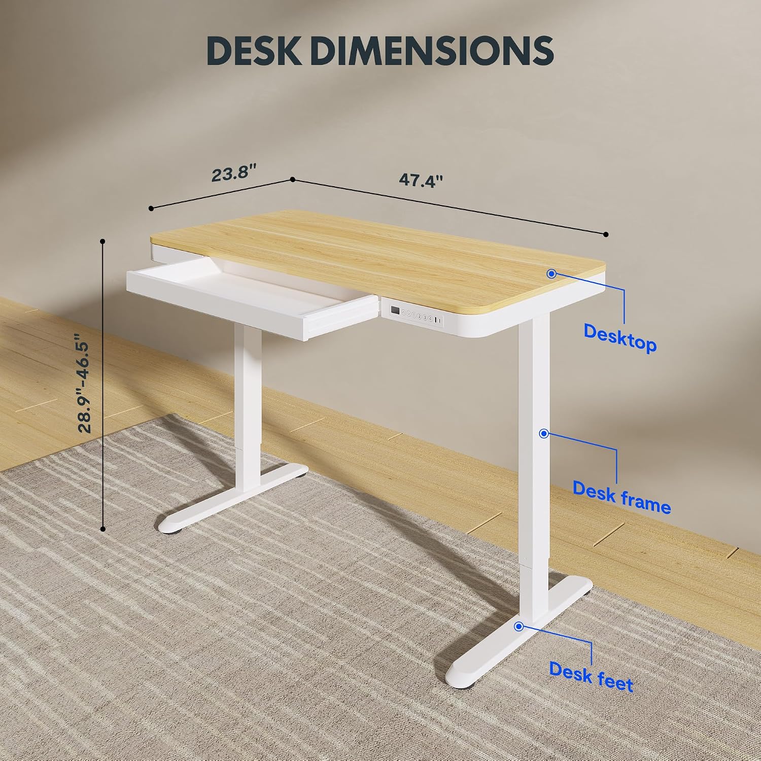 FLEXISPOT Comhar Electric Standing Desk with Drawers Charging USB Port, Height Adjustable 48' Whole-Piece Quick Install Home Office Computer Laptop Table with Storage (Maple Top + White Frame)
