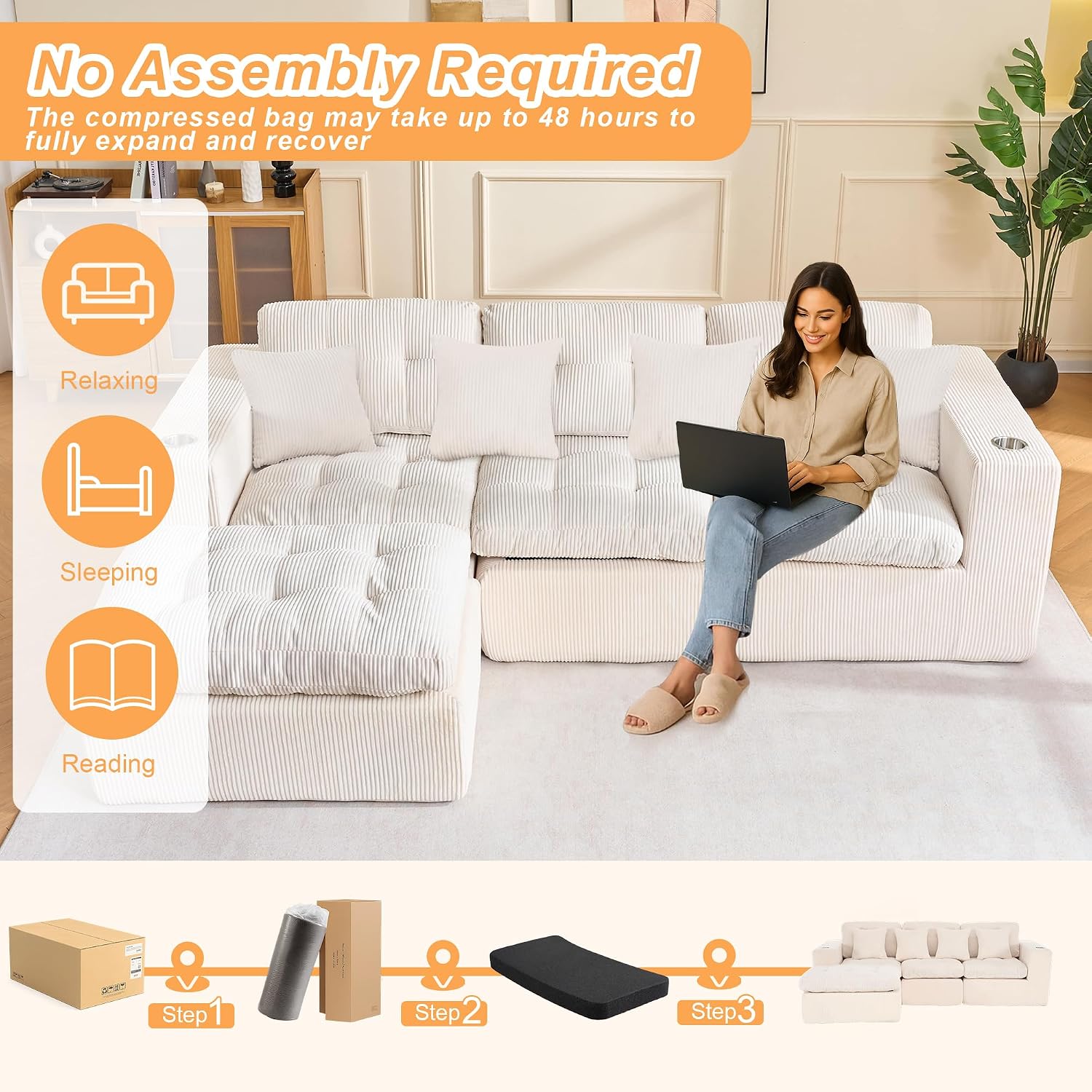 108 inch L Shaped Modular Sofa Bed, 50' Deep Seat Corduroy Boneless Sectional Couch with Ottoman No Assembly, 1400lbs Capacity Cloud Sleeper for Living Room Apartment (Light Beige)