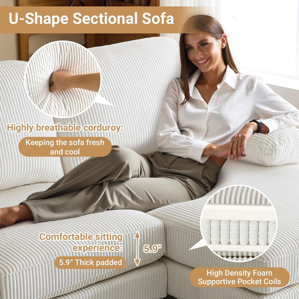 VINGLI 110' U Shaped Comfy Sectional Couch, Double Chaise Sofa in Corduroy Fabric for Apartment, 4-Seater Upholstered Couch with Memory Foam, Modern Couches for Living Room, Small Space, Beige