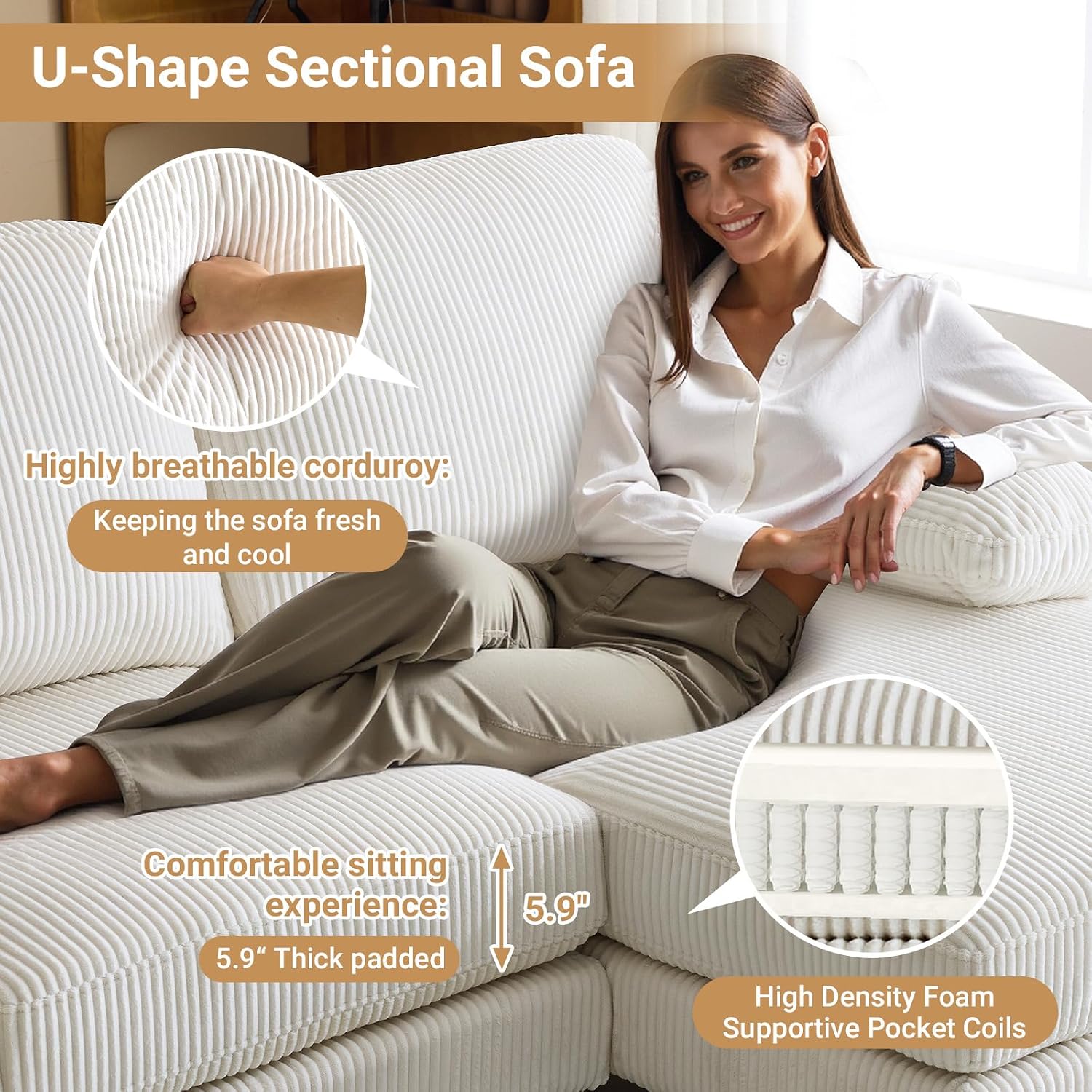 VINGLI 110' U Shaped Comfy Sectional Couch, Double Chaise Sofa in Corduroy Fabric for Apartment, 4-Seater Upholstered Couch with Memory Foam, Modern Couches for Living Room, Small Space, Beige