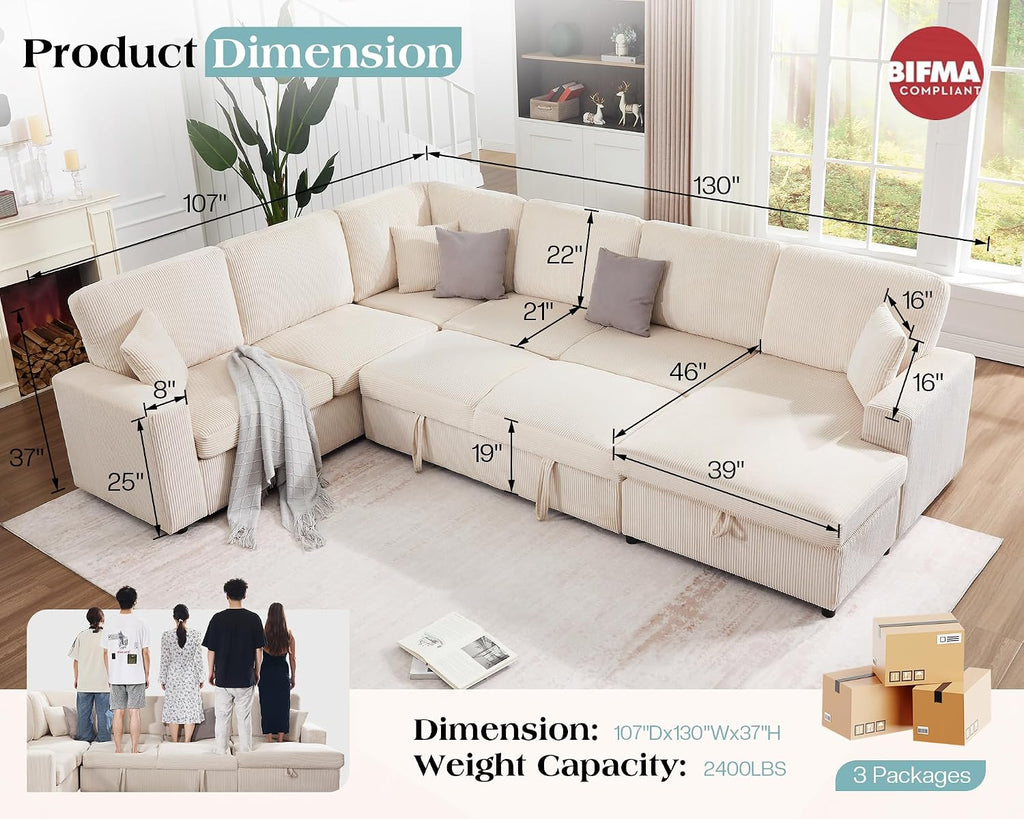 VanAcc 130' Sofa Bed, Sectional Sleeper Sofa with Pull Out Bed, Sleeper Couch with Storage, 6 Seater Couch for Living Room, Corduroy Off-White