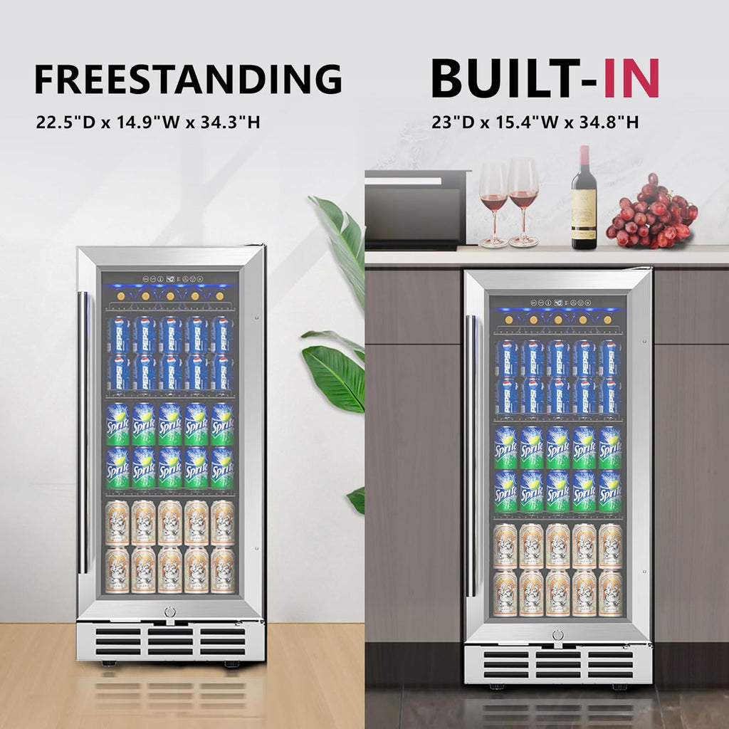 Icyglee 15'' Beverage Refrigerator Cooler - 126 Cans Under Counter Beverage Fridge with LED Light, Built-in Design, Wine Cooler for Home/Kitchen