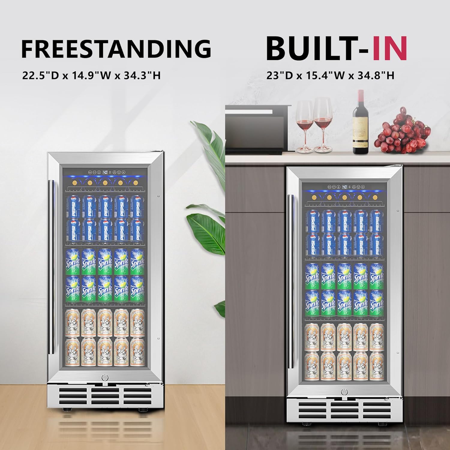 Icyglee 15'' Beverage Refrigerator Cooler - 126 Cans Under Counter Beverage Fridge with LED Light, Built-in Design, Wine Cooler for Home/Kitchen