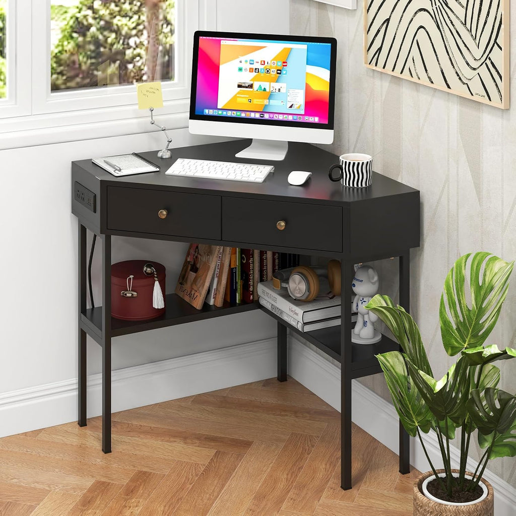 Tangkula Corner Desk with 2 Drawers & Built-in Charging Station, 90 Degrees Triangle Computer Desk for Small Space, Bedroom Makeup Vanity Desk with Storage Shelves, Corner Writing Desk