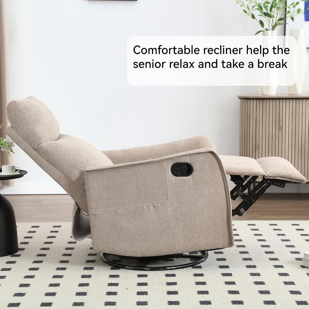 Massage Rocker Swivel Recliner Chair for Adults, Manual Recliner Glider with Lumbar Heating, Technical Flannel Fabric Nursery Glider Rocking Chair with Vibration Massage for Living Room - Khaki