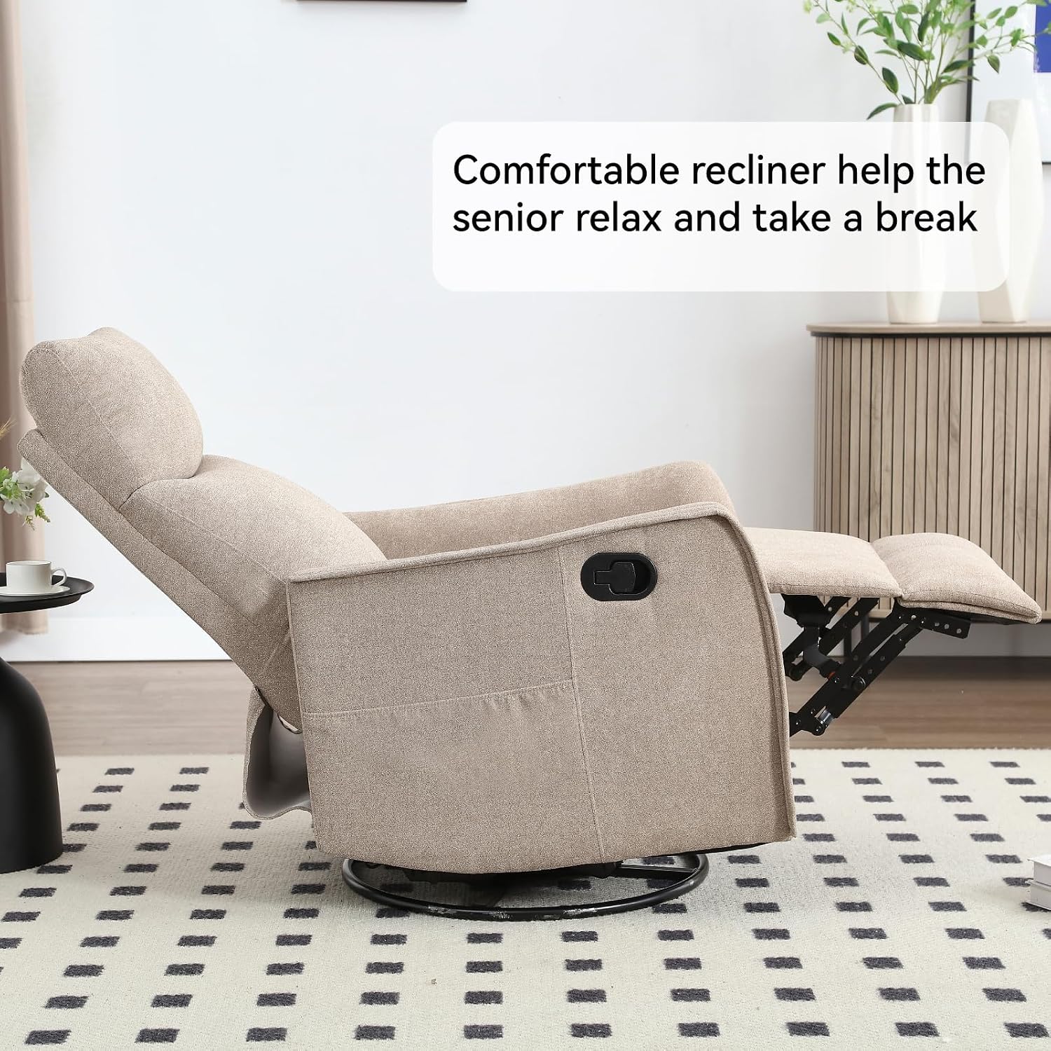 Massage Rocker Swivel Recliner Chair for Adults, Manual Recliner Glider with Lumbar Heating, Technical Flannel Fabric Nursery Glider Rocking Chair with Vibration Massage for Living Room - Khaki