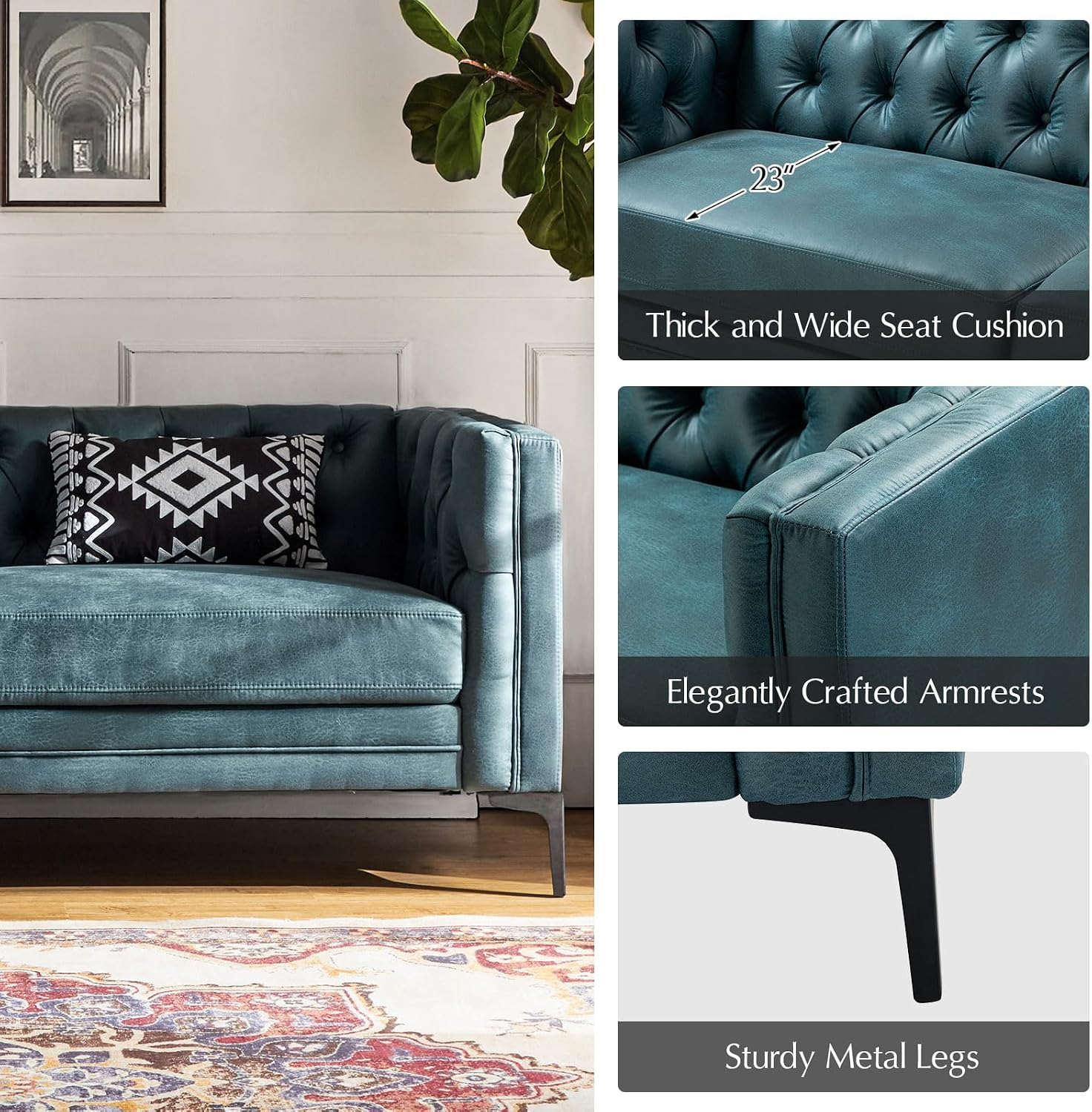 HULALA HOME 84' W Faux Leather Sofa, Mid Century Modern Couch with Metal Legs and Button Tufted, 3 Seater Contemporary Upholstered Couches for Living Room, Entertainment Area, Apartment, Blue