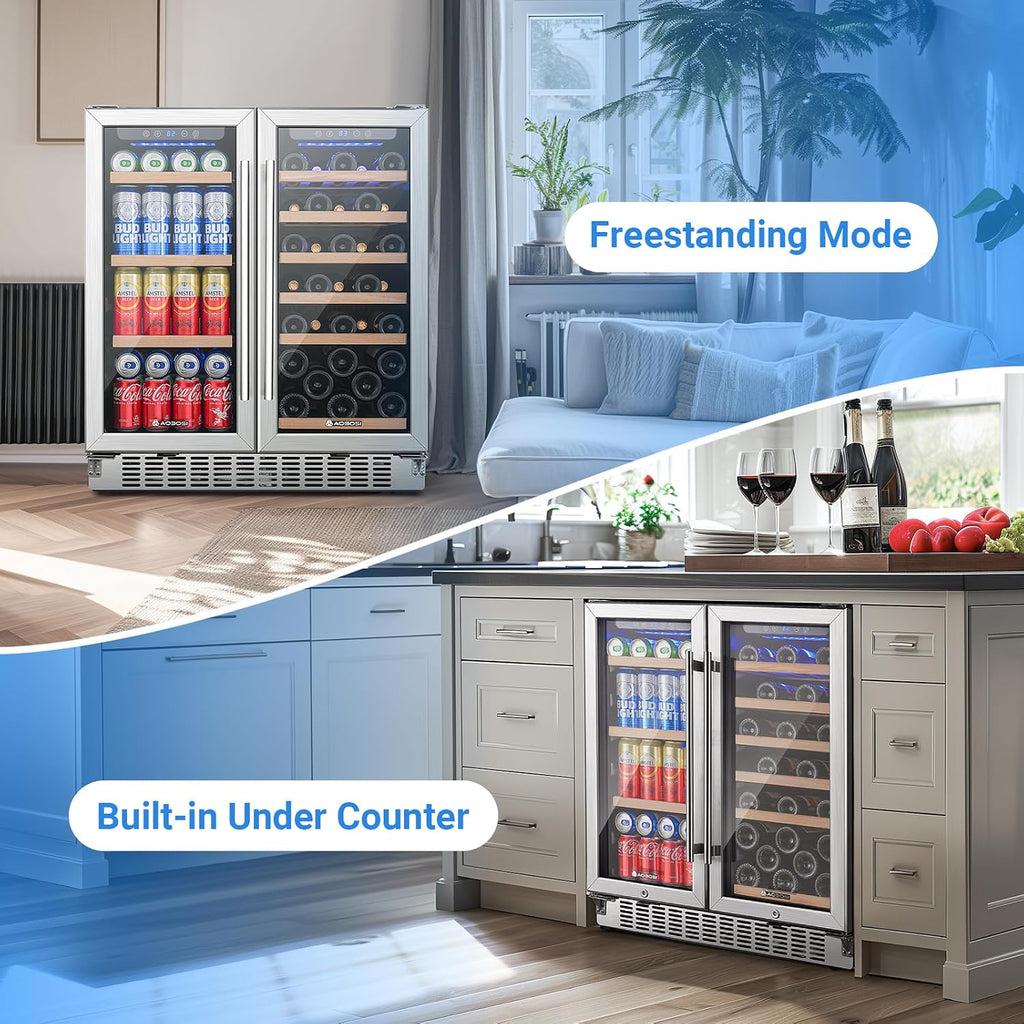 AAOBOSI 30 Inch Dual Zone Wine and Beverage Cooler,31 Bottles & 120 Cans Wine Fridge,Built-in and Freestanding,Removable Fashion Wooden Frame,Intelligent Digital Temperatrue Control,Low Noise
