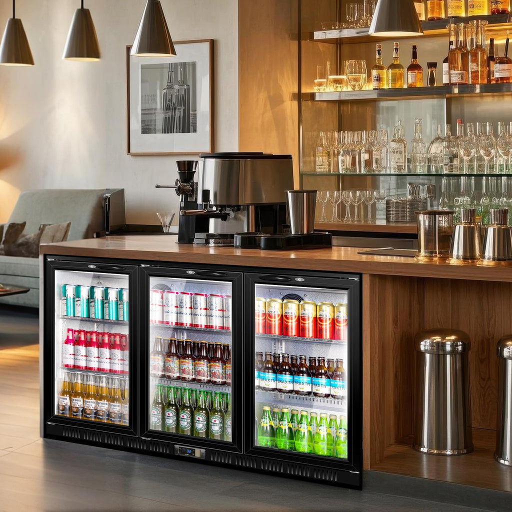 Tylza Back Bar Cooler With 3 Glass Doors, 312L Under Counter Back Bar Refrigerator with LED Lighting, Safety Locks, Counter Height Bar Beverage Cooler for Beer, Soda Drinks, Wine, Black
