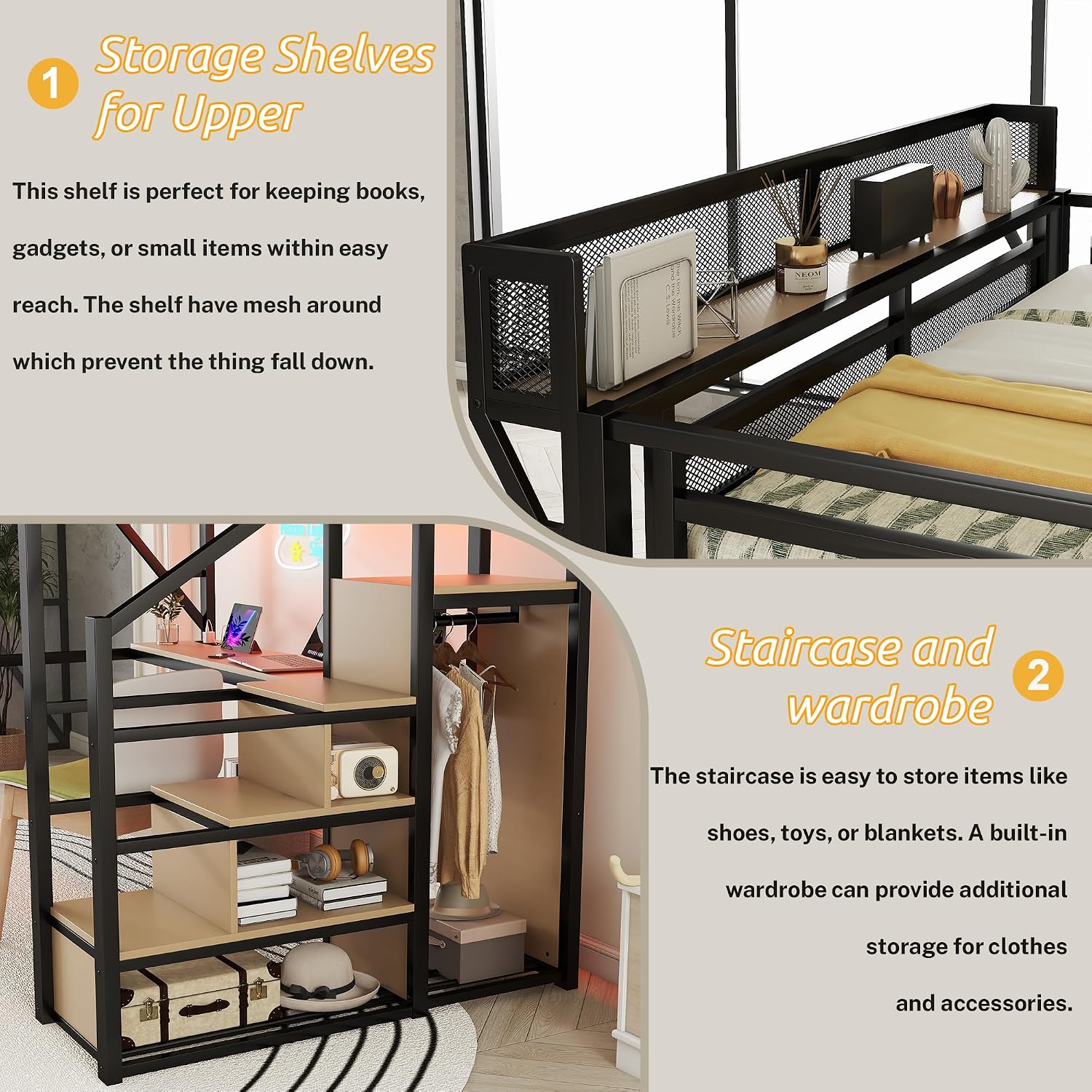 Mirightone Full Size Loft Bed with Stairs & Desk, Metal Loft Bed Frame with LED and Charging Station, High Loft Beds Gaming Lofted Full Bed with Storage Shelf for Kids and Teens (Black+Natural)