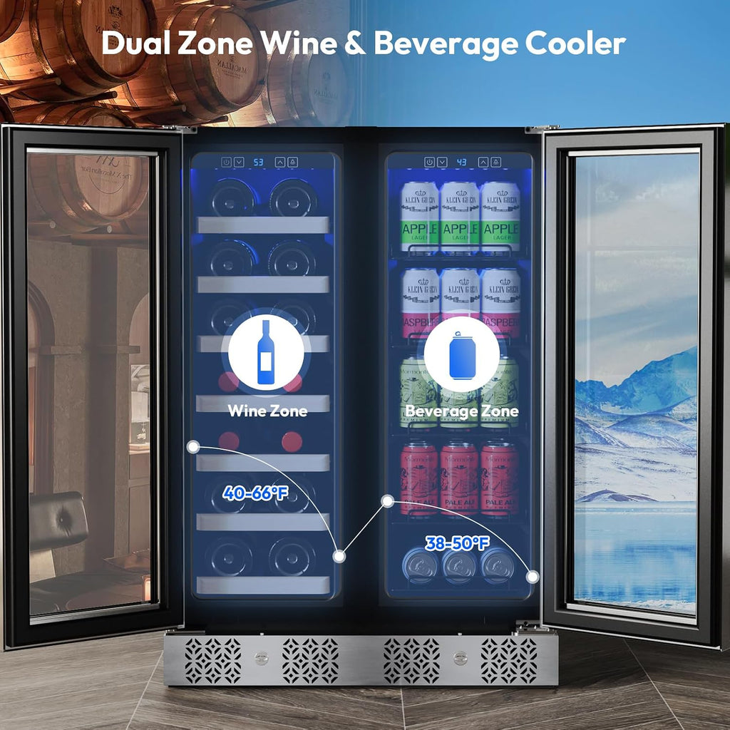 Empava 24' Dual Zone Wine and Beverage Refrigerator Cooler, Freestanding or Under Counter Fridge Chiller with LED Light, 78 Cans and 20 Bottles Capacity, Touch Control, Stainless Steel