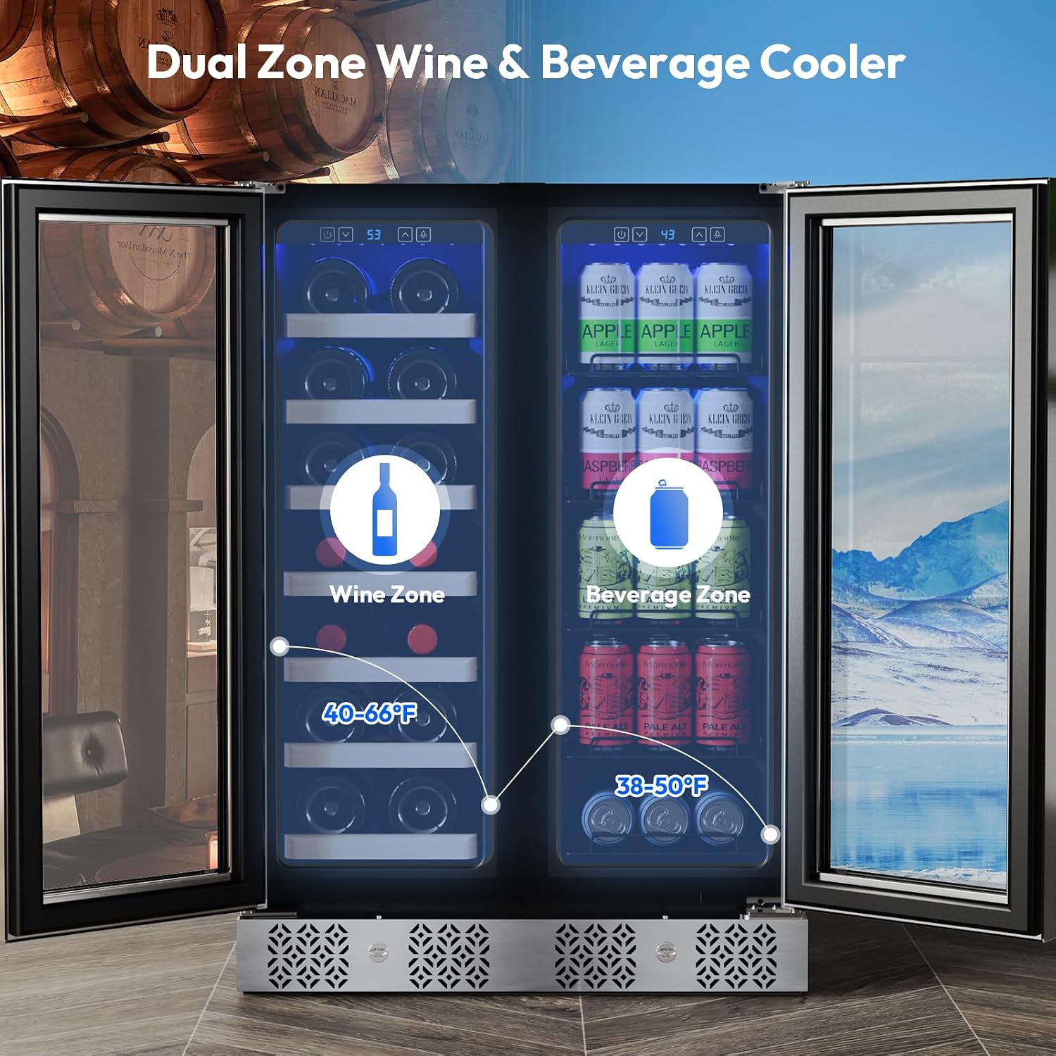 Empava 24' Dual Zone Wine and Beverage Refrigerator Cooler, Freestanding or Under Counter Fridge Chiller with LED Light, 78 Cans and 20 Bottles Capacity, Touch Control, Stainless Steel