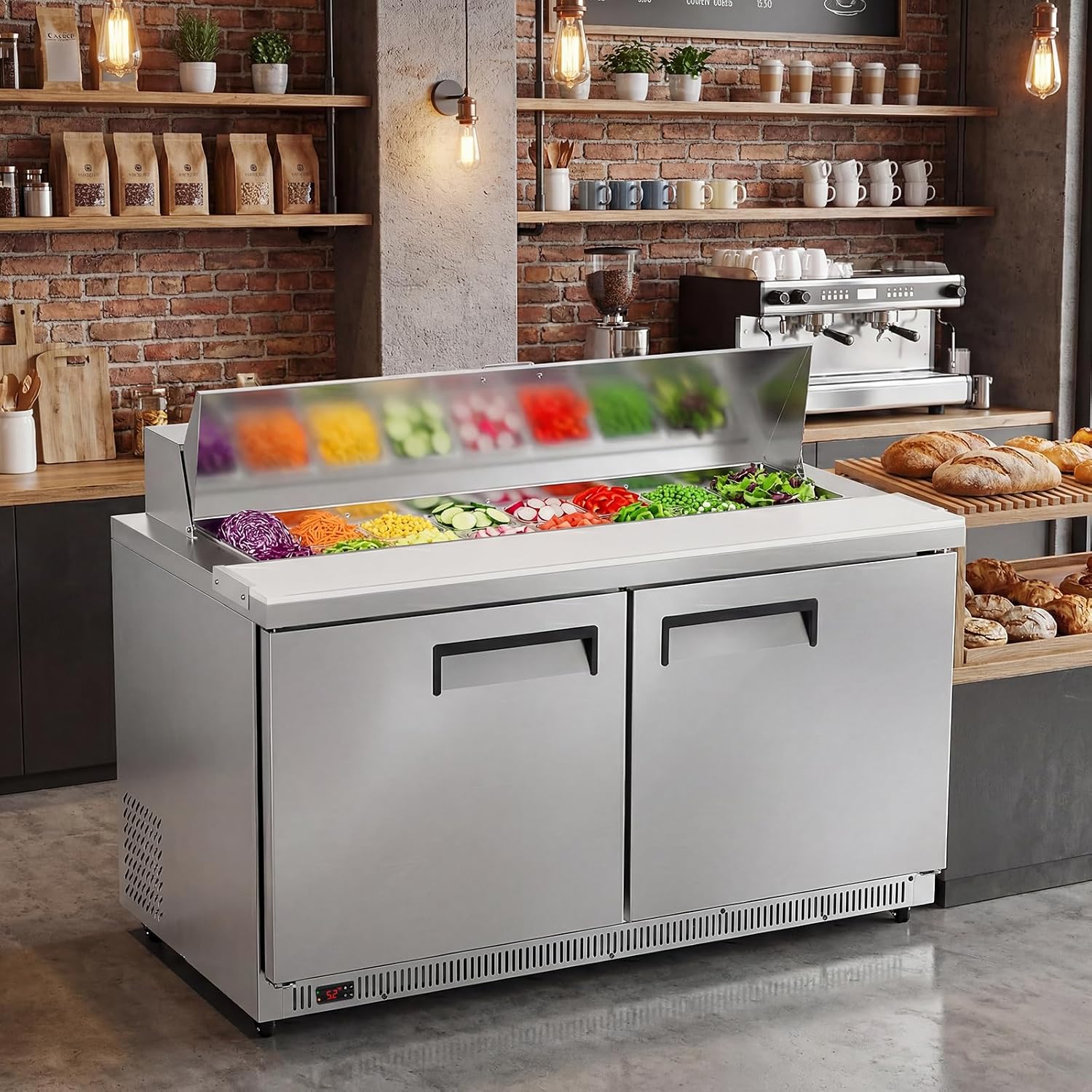 Tylza 60' Commercial Refrigerator, 16.3 Cu.Ft Sandwich Pizza Prep Table, Mega Top Worktop Fridge w/ 16 Pans & Cutting Board, 2-Door Stainless Steel Salad Prep Cooler for Restaurant & Food Truck