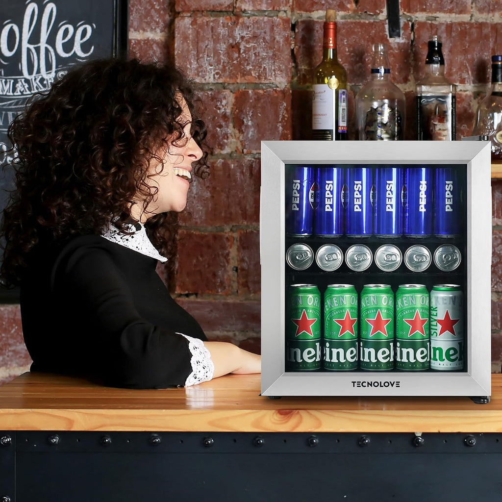 Beverage Refrigerator, 1.6 Cu.Ft Mini Fridge, Stainless Steel, LED Digital Temp Control, Double Glass Door, Adjustable & Removable Shelves, Compact Design for Home & Office