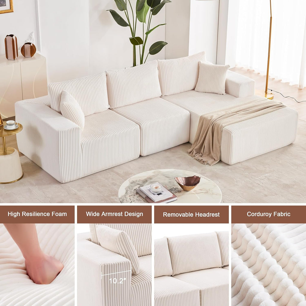 Weture 108' Modular Sectional Sofa, Cloud Sectional Couch with Deep Seat, Modern Modular L-Shape Sofa with Chaise,Upholstered Boneless Couches for Living Room (Corduroy, Beige)