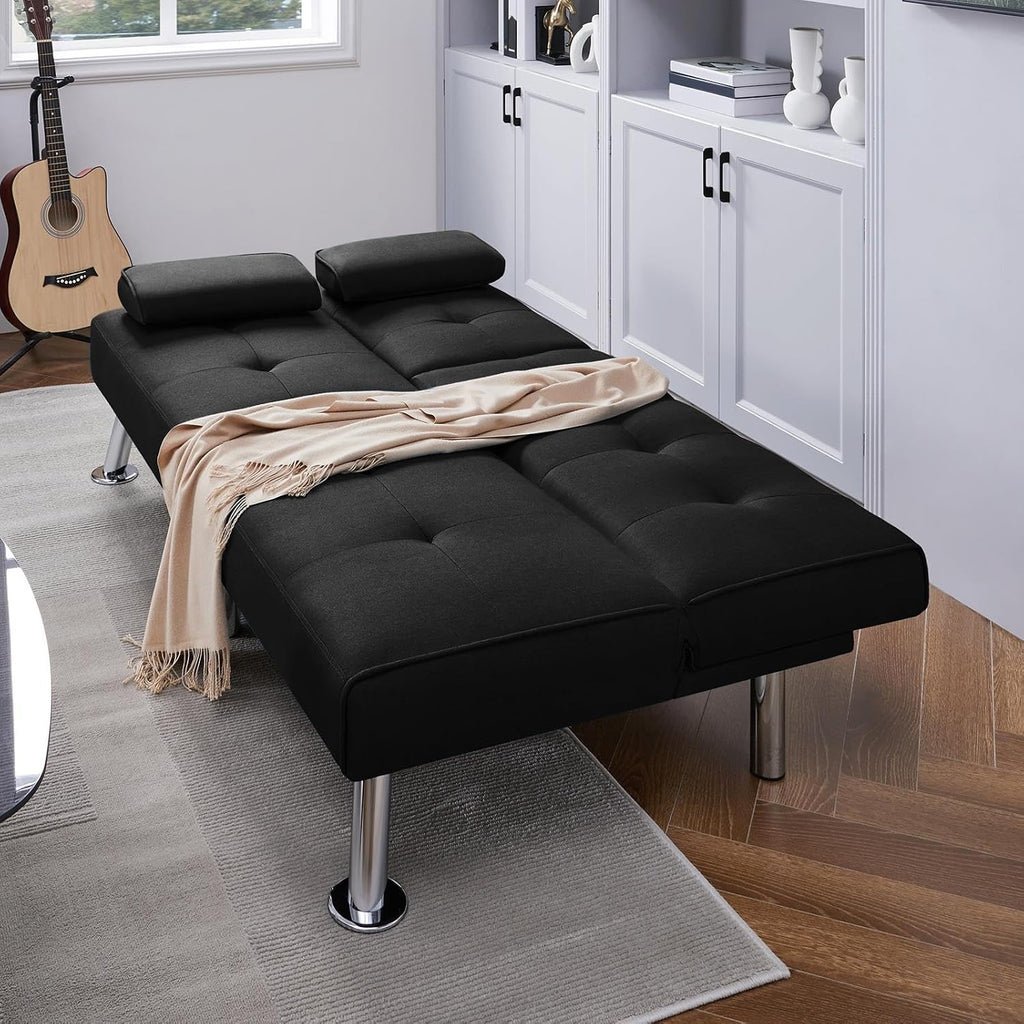 Yaheetech Convertible Sofa Bed Adjustable Fabric Couch Sleeper Modern Recliner Reversible Loveseat Folding Daybed Guest Bed, Removable Armrests, Cup Holders, 3 Angles, 772lb Capacity, Black