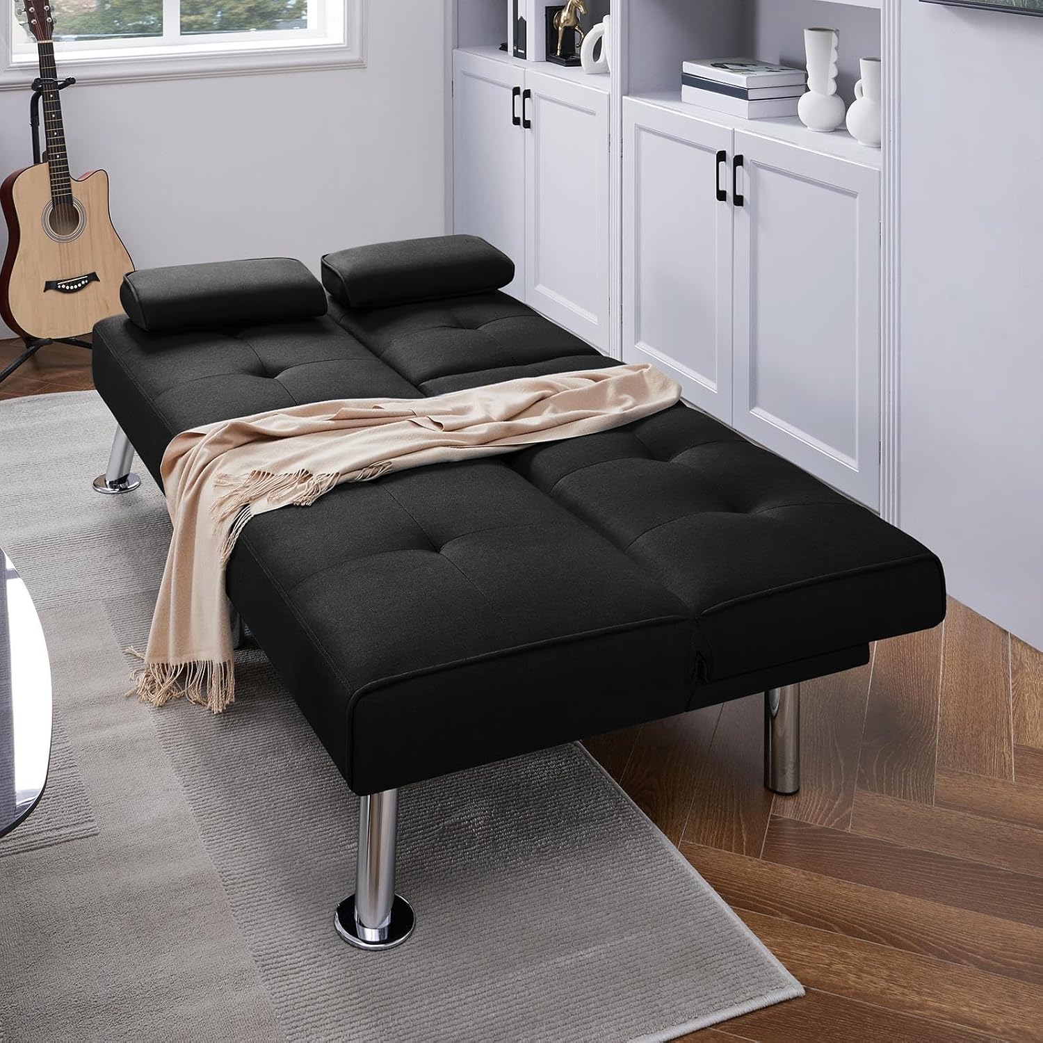 Yaheetech Convertible Sofa Bed Adjustable Fabric Couch Sleeper Modern Recliner Reversible Loveseat Folding Daybed Guest Bed, Removable Armrests, Cup Holders, 3 Angles, 772lb Capacity, Black