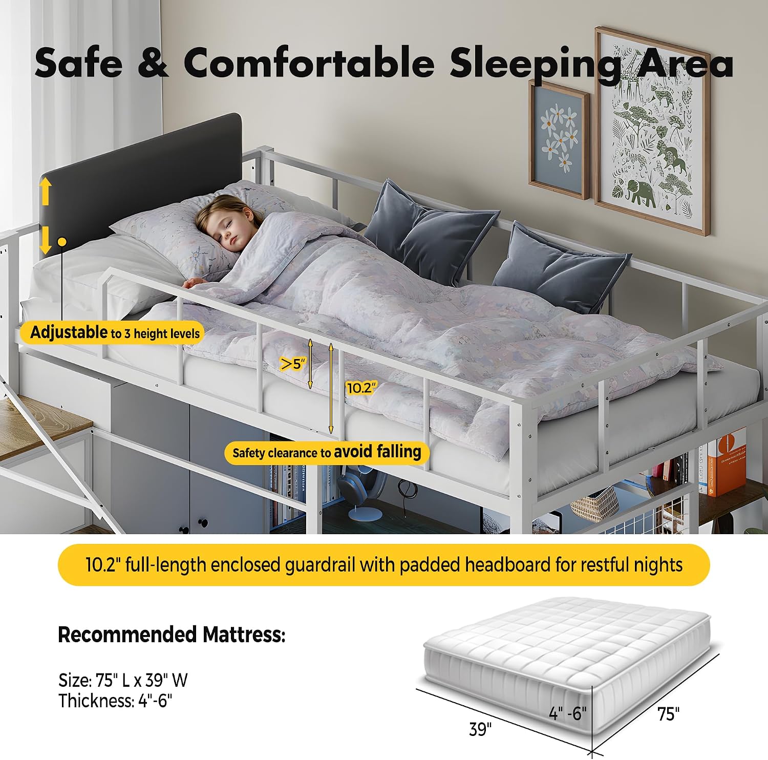 Kikihouse Twin Size Loft Bed with Desk, Stairs & LED Light, Metal Gaming Loft Bed Frame with Headboard, Safety Guardrail, Charging Station, Closet and 12 Fabric Drawers, Space Saving, White & Oak