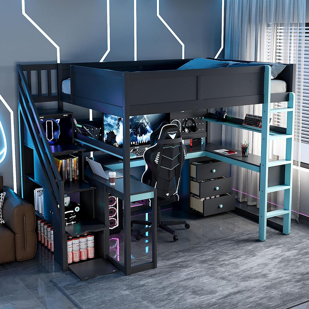 VilroCaz Modern Full Size Gaming Loft Bed with Built-in Desk, Shelves & Pegboard, Wood Loft Bed Frame with Storage Stairs for Kids Teens Adults, Maximize Space Saving (Black+Blue-S, Full)