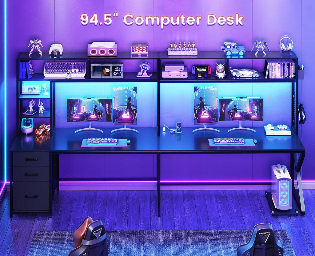 SEDETA L Shaped Gaming Desk with Storage Shelves and Hutch, Convertible 94.5' Computer Desk with Drawers, Corner Computer Desk with Power Outlet, LED Lights, Pegboard for Home Office, Black