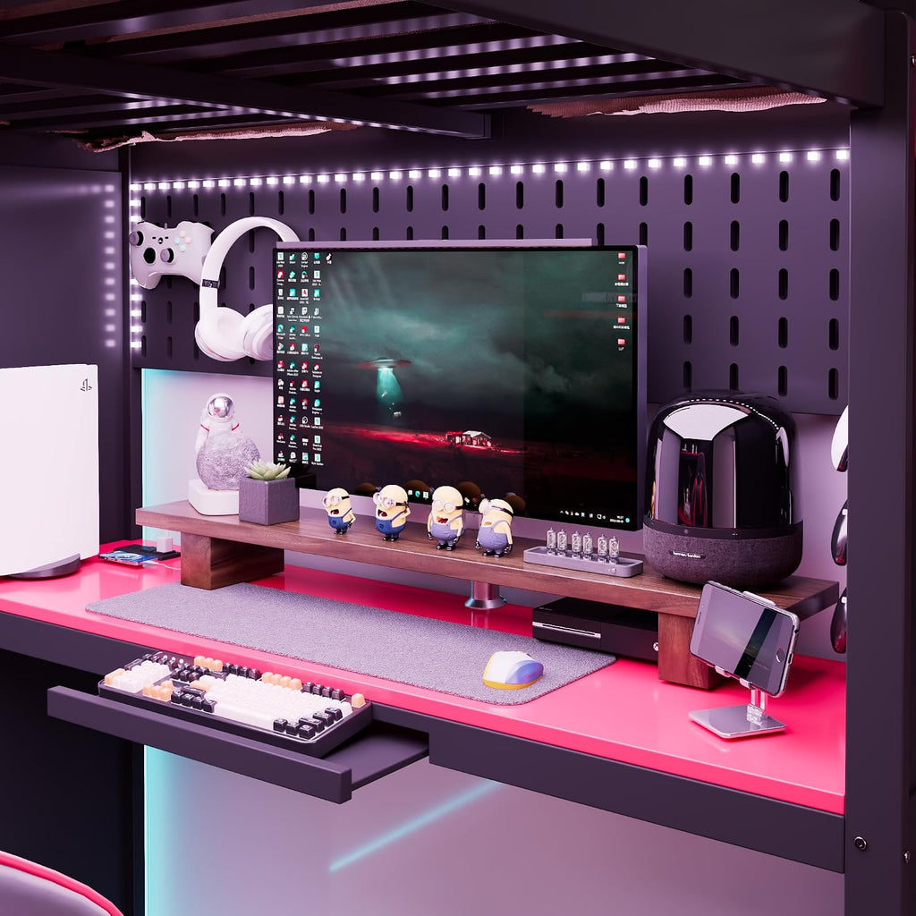 Full Gaming Loft Bed with Wardrobe & Desk & Charging Station & RGB Light,Esports Wood Loft Bed Frame with Storage Shelves,Curtains and DIY Pegboard,Space Saving,No Box Spring Needed,Black Green
