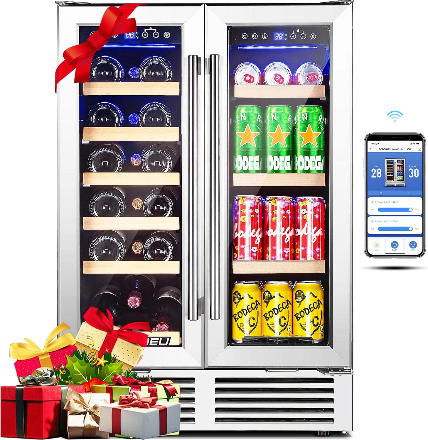 BODEGA 24 Inch Wine and Beverage Refrigerator, 2 Door Commercial Back Bar Cooler, Dual Zone Wine Cooler with Smart APP Control, Black Bar Fridge Hold 19 Bottles and 57 Cans, Built-In or Freestanding.