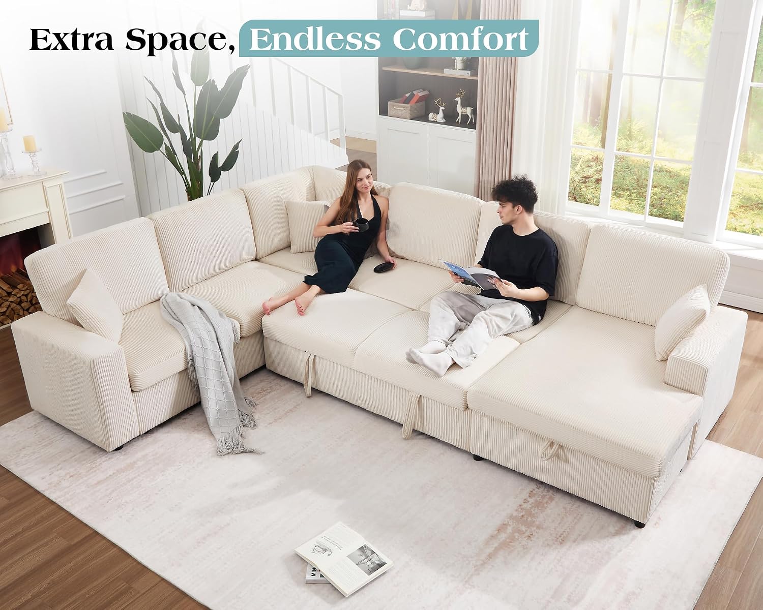 VanAcc 130' Sofa Bed, Sectional Sleeper Sofa with Pull Out Bed, Sleeper Couch with Storage, 6 Seater Couch for Living Room, Corduroy Off-White