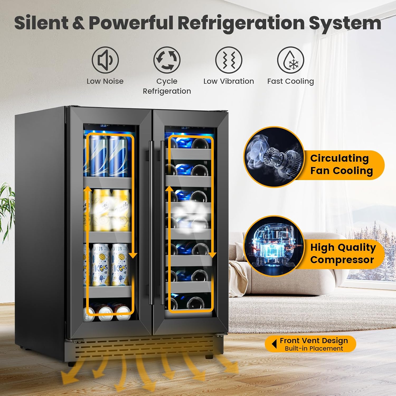 24 Inch Black Dual Zone Wine Fridge,20 Bottle & 88 Cans Wine and Beverage Refrigerator with Glass Door,Undercounter&Freestanding Stainless Steel Handle Wine Cooler Refrigerator for Home,Party