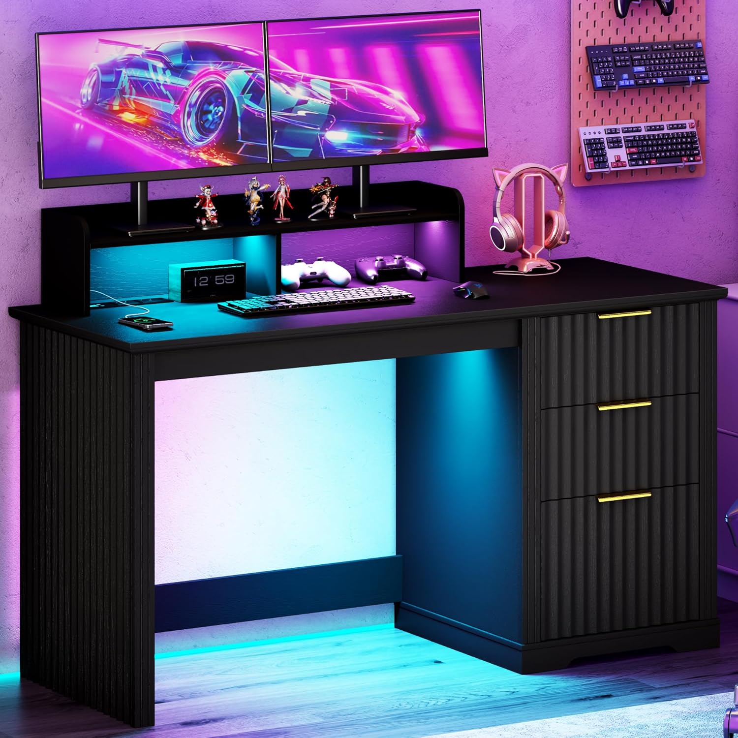 Lareth Computer Desk with Monitor Stand, 47 inch Home Office Desk with RGB LED Lights and Power Outlets, Writing Desk with Storage File Drawer for Working Gaming Writing, Black