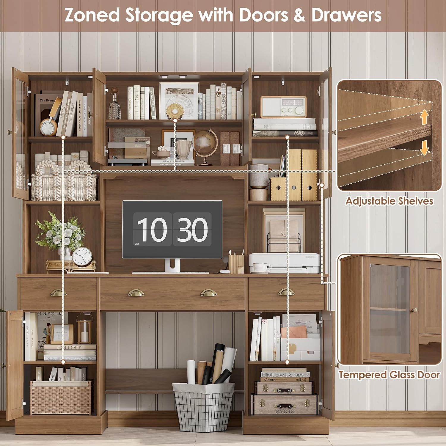 Keyluv 75' Executive Desk with Hutch and Drawers, Computer Desk with Glass Door and Storage Cabinet, 63' W Large Farmhouse Workstation for Home Office Study Writing Gaming Table, Brown