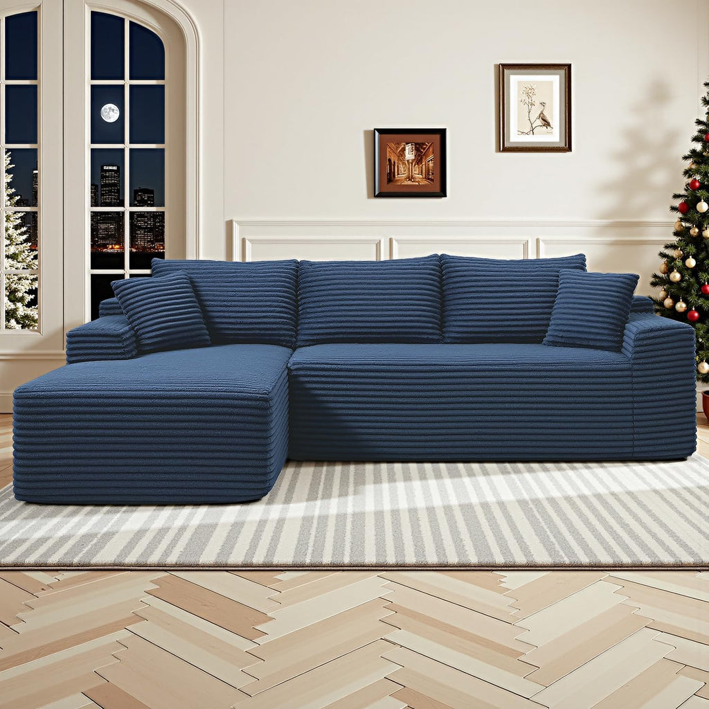 108' Cloud Sectional Couch,Modern Modular Sectional Sofa with Deep Seat,Corduroy Boneless Couches with L-Shape Chaise for Living Room,No Assembly Required (Blue, Left Facing Chaise)
