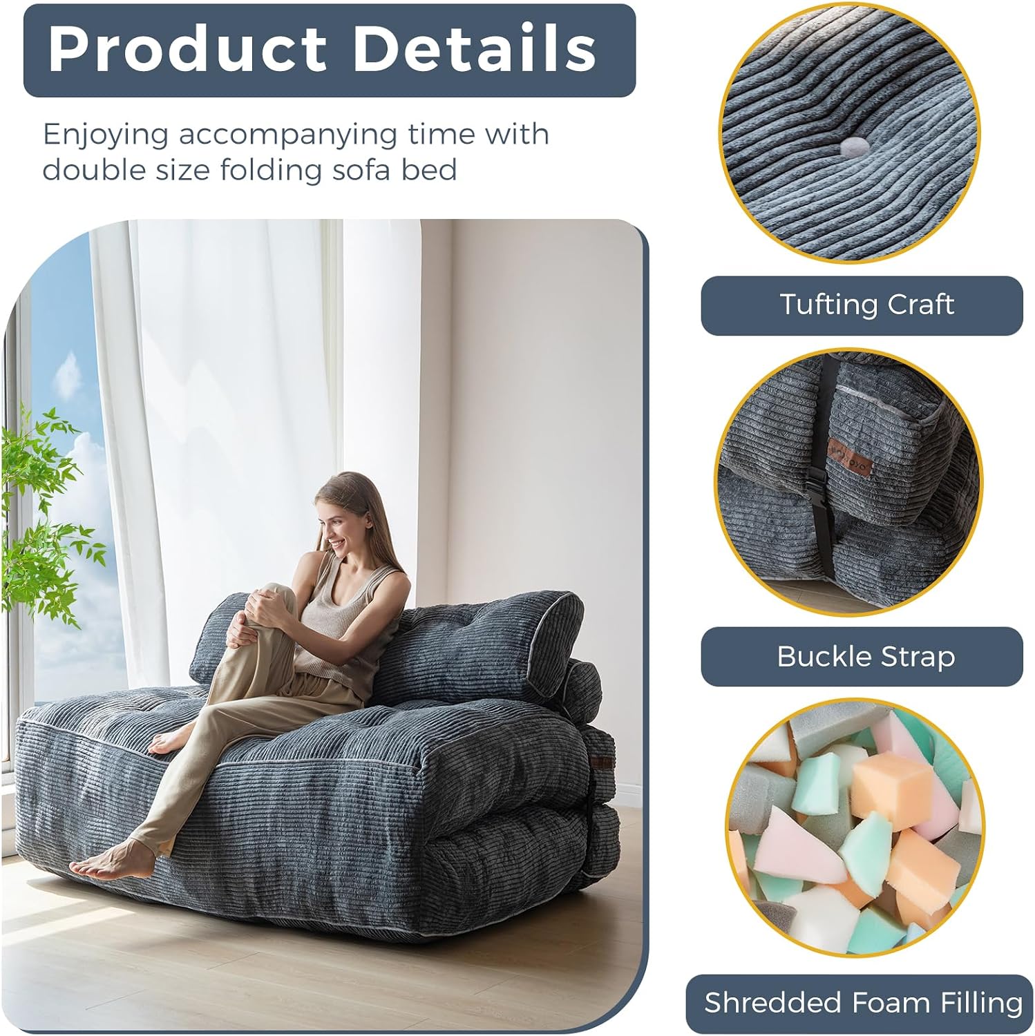 MAXYOYO Folding Sofa Bed, Convertible Sleeper Chair with Pilow Foldable Mattress with Back Support, Portable Fold Out Chair Bed Comfy Floor Sofa Lounge for Living Room Bedroom, Dark Grey, Double