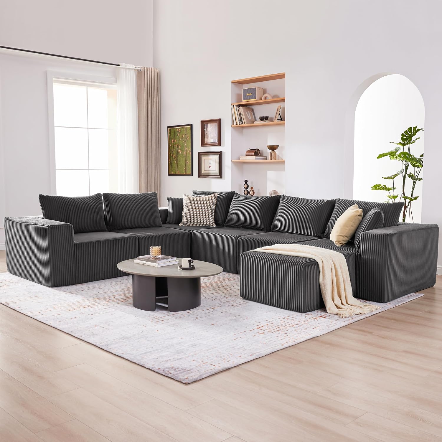 Cloud Couch Sectional, Modular Sofa with Deep Seat, Convertible Sectional Couches for Living Room, Plush Corduroy U Shaped Boneless Couch (Darkgrey, 6 Seater & 1 Ottoman)