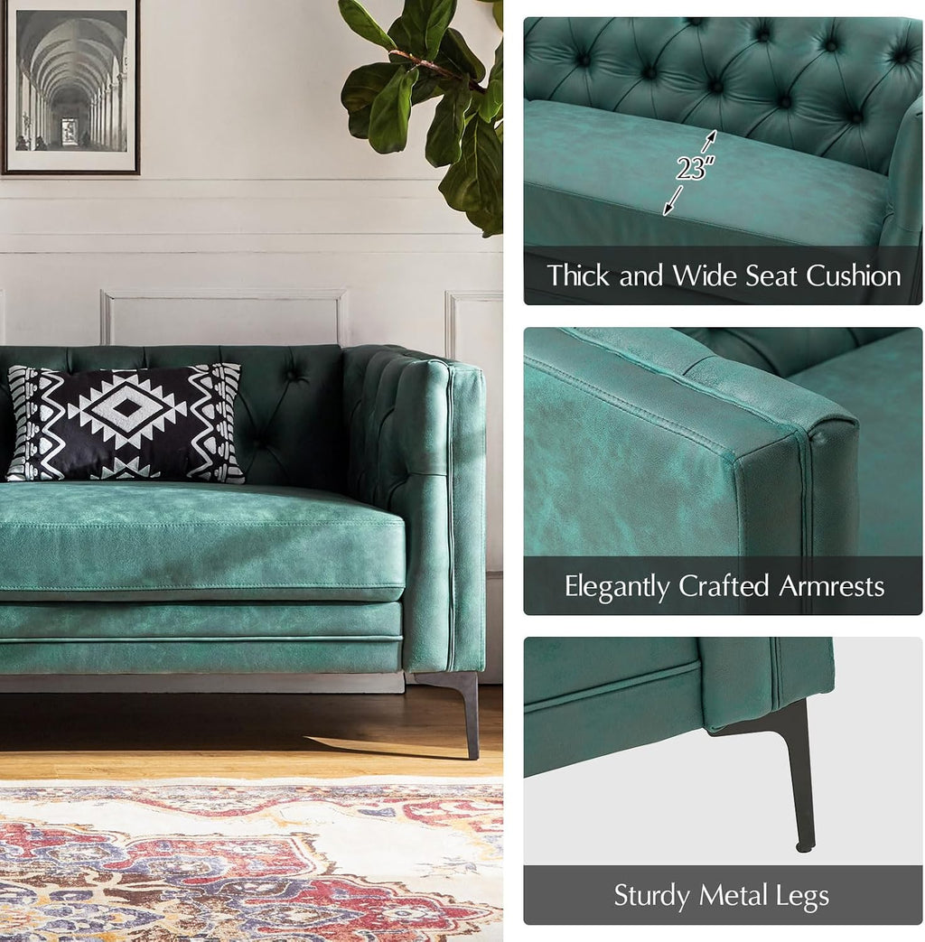 HULALA HOME 84' W Faux Leather Sofa Couch with Metal Legs, Button-Tufted 3-Seater Sofa, Mid Century Modern Contemporary Upholstered Couch for Living Room, Entertainment Area, Apartment,Green