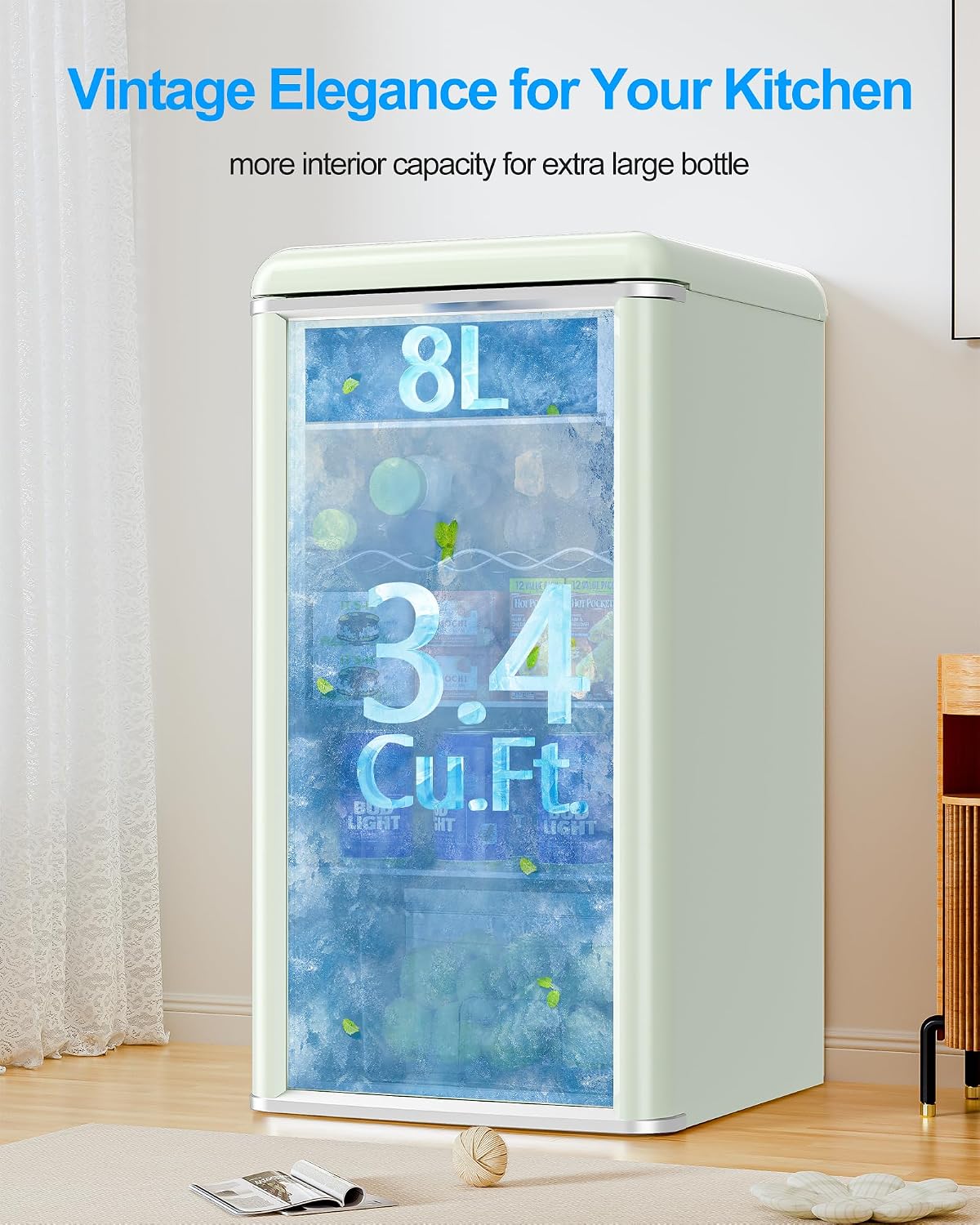 3.4 Cu.Ft. Beverage Refrigerator and Cooler, 120 Can Mini Fridge with Freezer Small Drink Cooler with Glass Door for Soda Beer or Wine for Office or Bar with Adjustable Removable Shelving