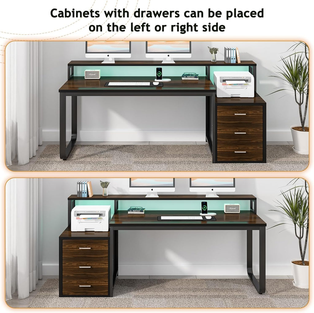HOMBCK 67' Computer Desk with 3 Drawers, Home Office Desk with Long Monitor Stand and Printer Space, Office Desk with Storage & LED Lights, Writing Desk with Drawers, Black and Walnut