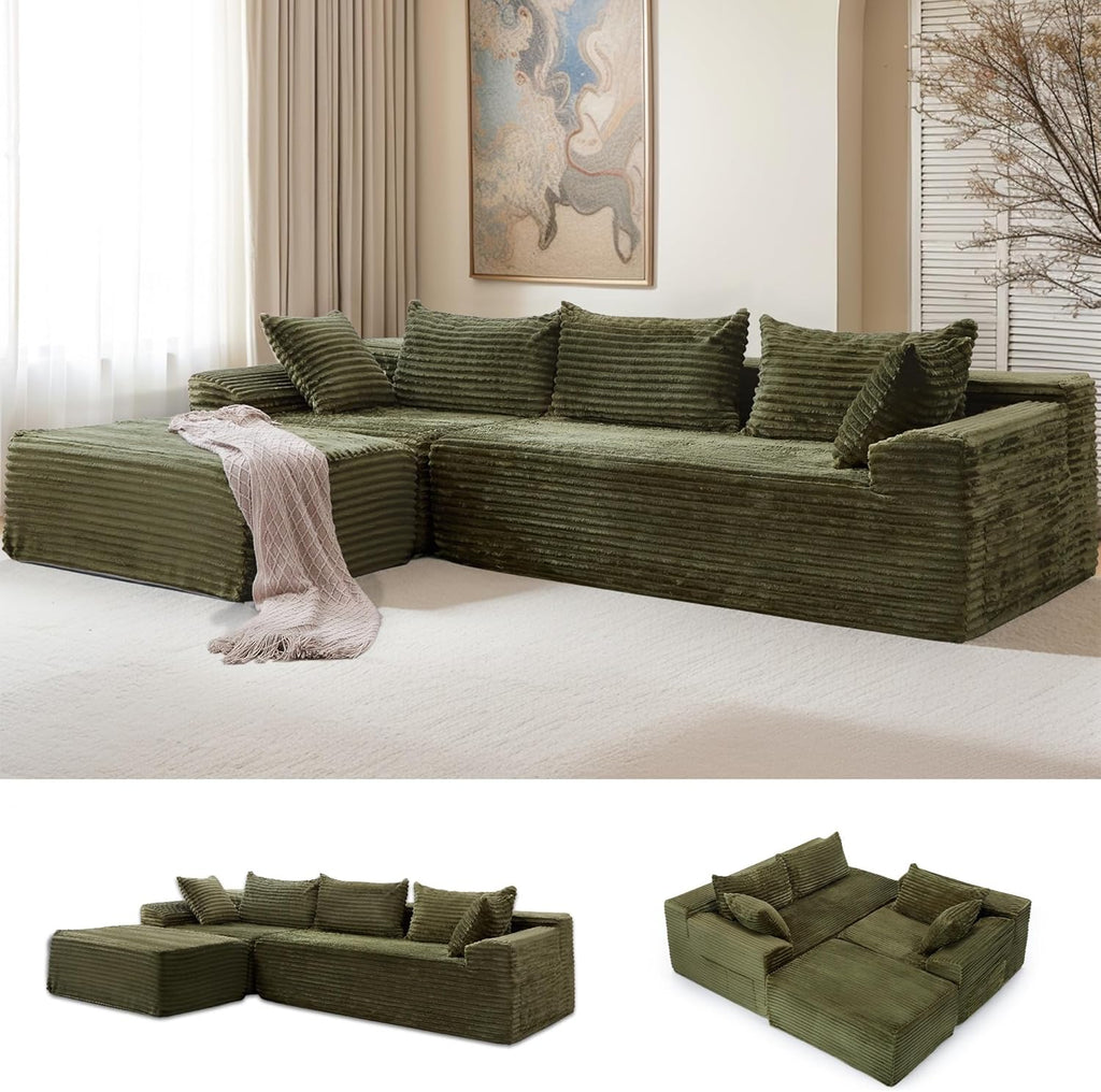 Korser 110' L-Shaped Modular Sectional Sofa with Chaise, Boneless Comfy Corduroy Fluffy Couch with Deep Seat and Side Pockets, Flexible Module Combination for Living Room, No Assembly, Side Pockets