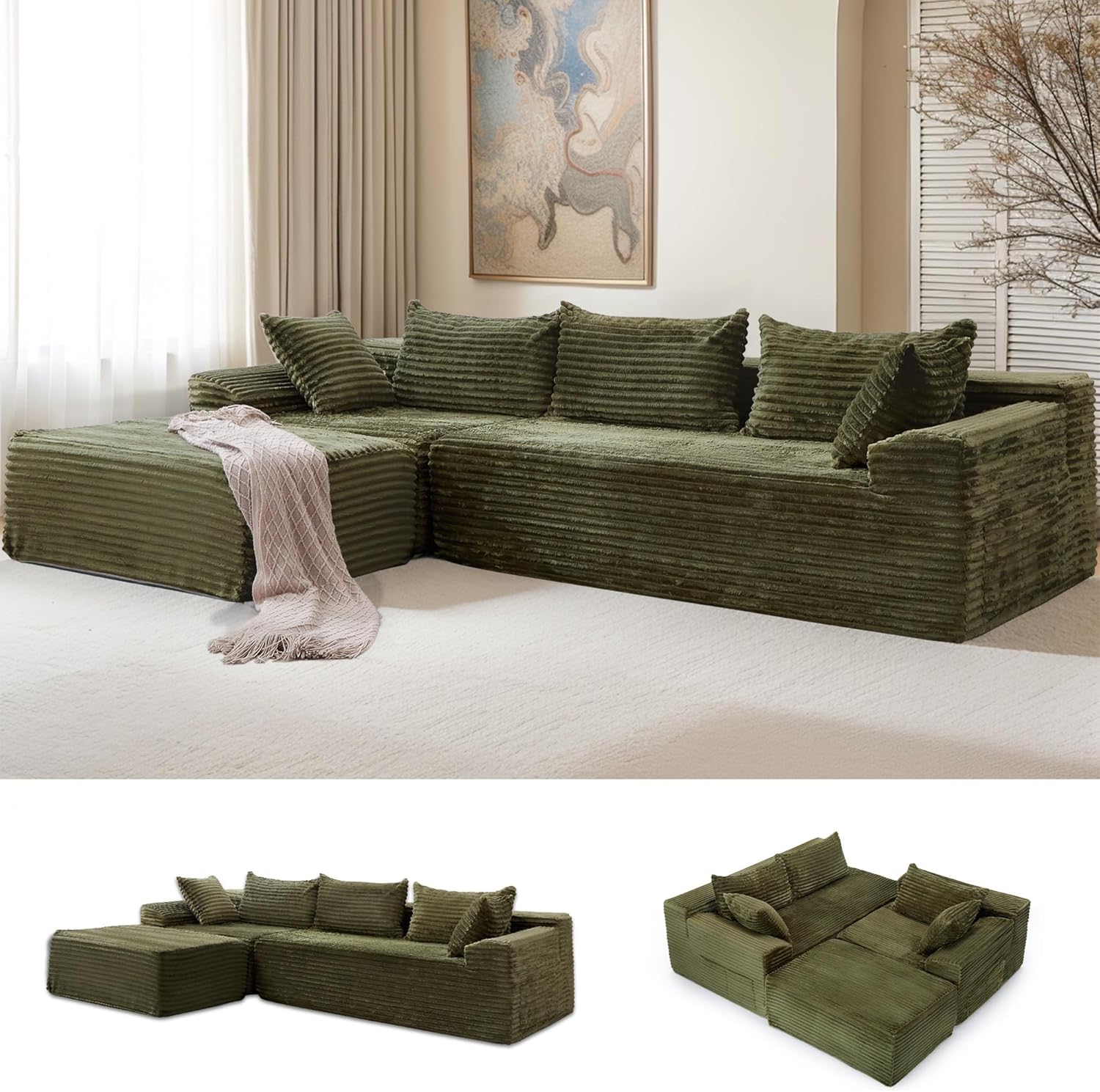 Korser 110' L-Shaped Modular Sectional Sofa with Chaise, Boneless Comfy Corduroy Fluffy Couch with Deep Seat and Side Pockets, Flexible Module Combination for Living Room, No Assembly, Side Pockets