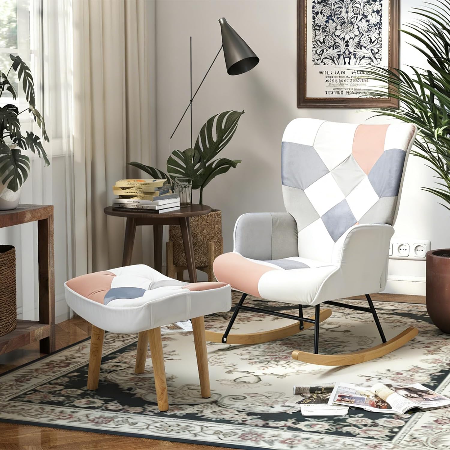 Nursery Rocking Chair, Baby Toddler Glider Rocker with Ottoman, Comfy Accent Chair, for Bedroom Living Room Small Spaces, Patchwork Velvet, Pink