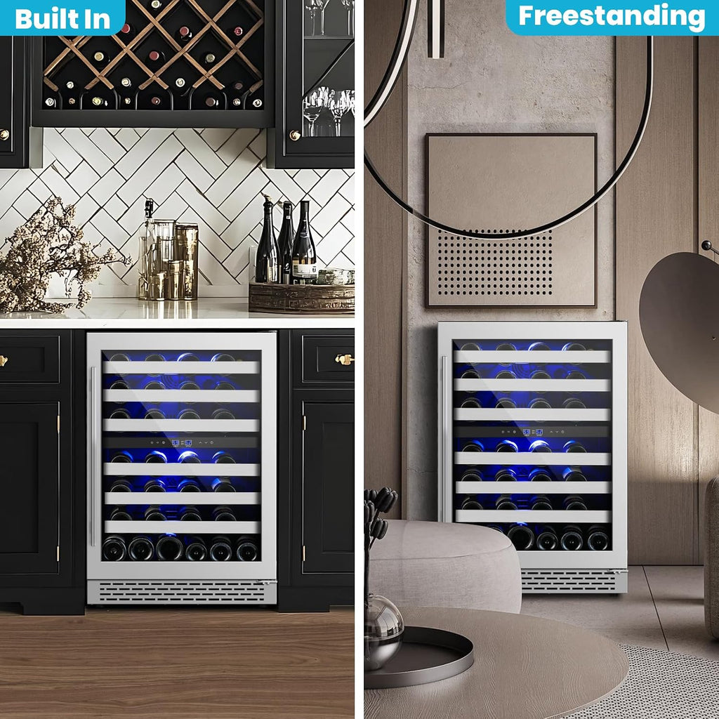 24 Inch Wine Cooler Refrigerator, 46 Bottle Dual Zone Wine Fridge Cooler Under Counter with Upgrade Compressor Tempered Glass Door, 40-65°F, Built-in/Freestanding for Kitchen Bar Office