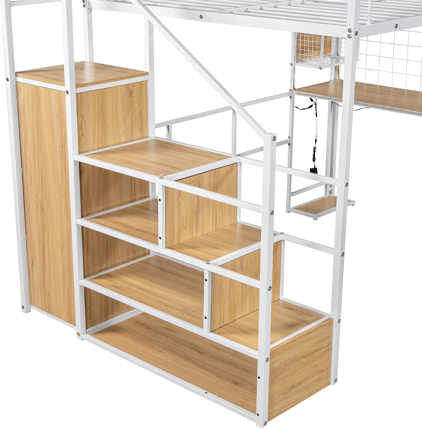 MERITLINE Full Gaming Loft Bed with Desk and Storage Wardrobe& LED RGB,Metal Gaming Bed with Stairs and Storage Case,for Adults Teens (White)